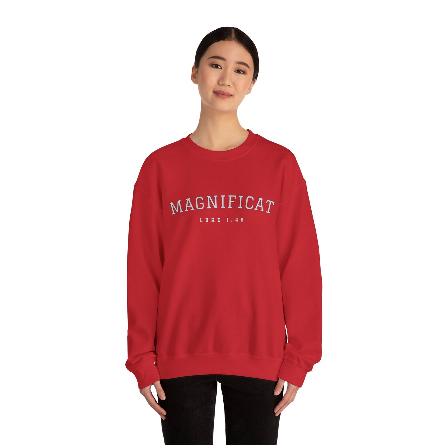 Magnificat Crewneck – Luke 1:46 Catholic Varsity Sweatshirt