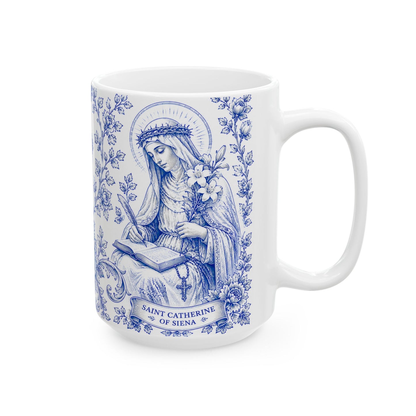 Saint Catherine of Siena Catholic Mug – Blue Toile Design (15oz)