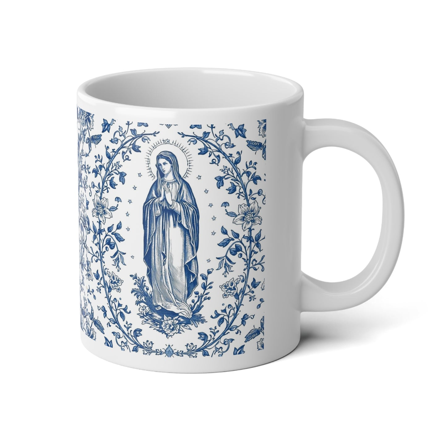 Blessed Mother 20oz Jumbo Mug — Blue Marian Toile 'Ave Maria' Catholic Coffee Cup