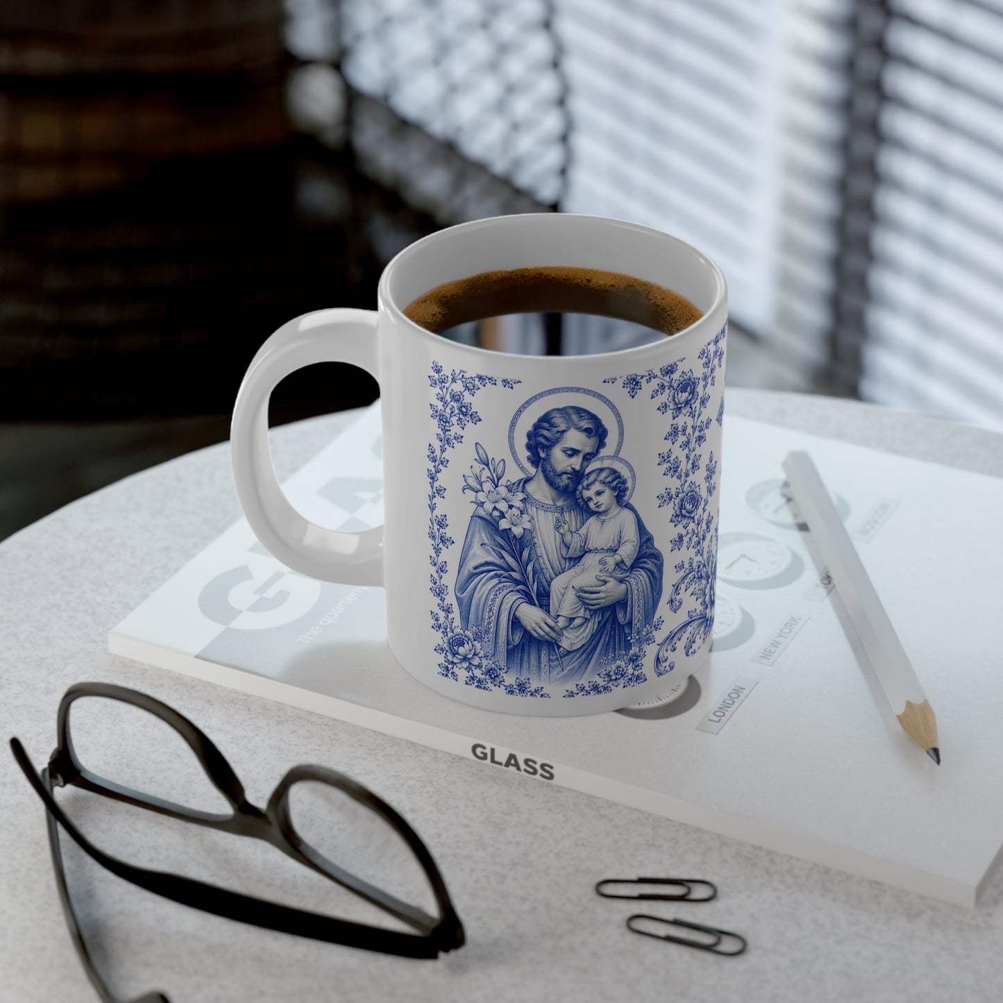 Saint Joseph Catholic Mug – Blue Toile Design (20oz)