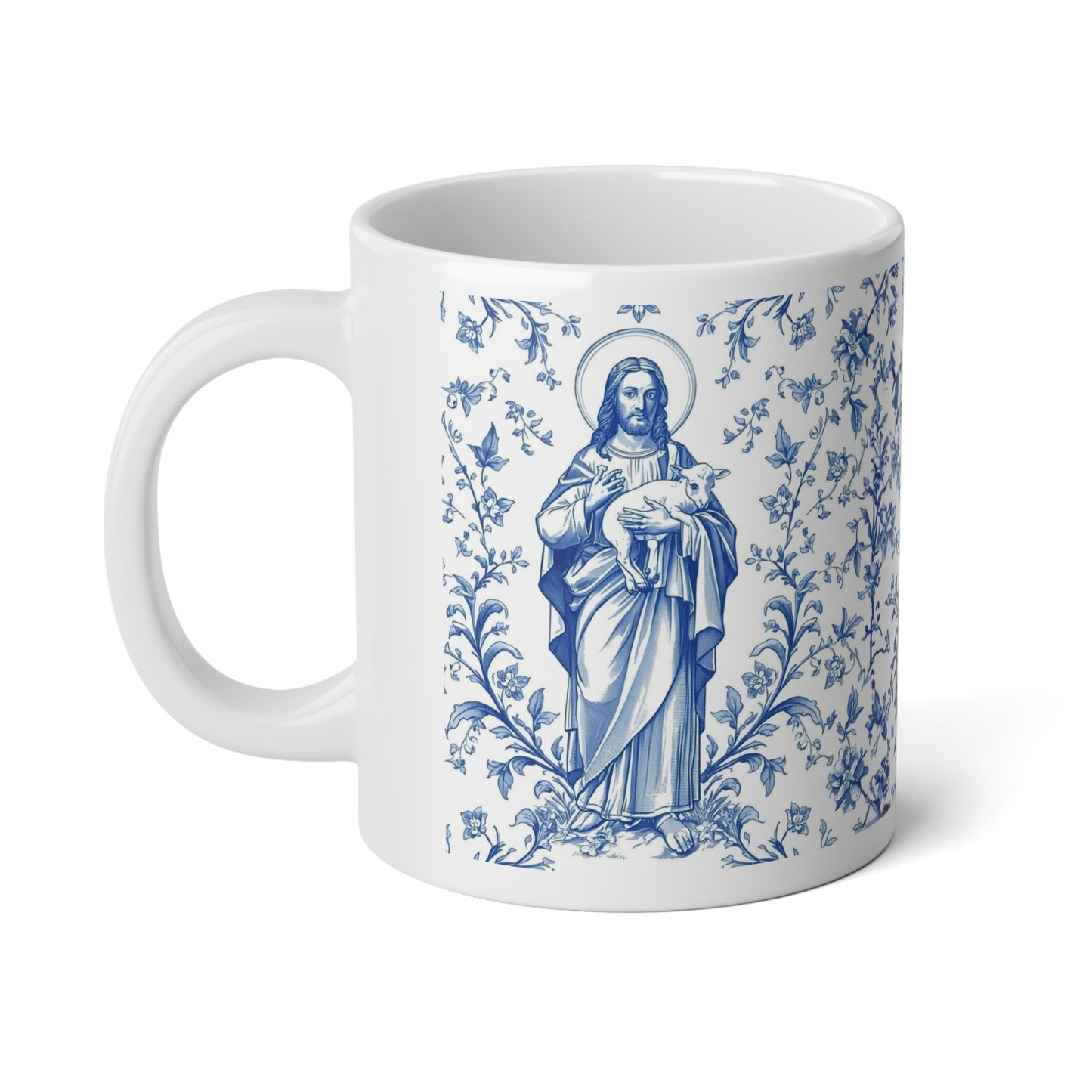 Good Shepherd Toile 20oz Jumbo Mug — Blue Floral Catholic Coffee Cup (Christian Gift)