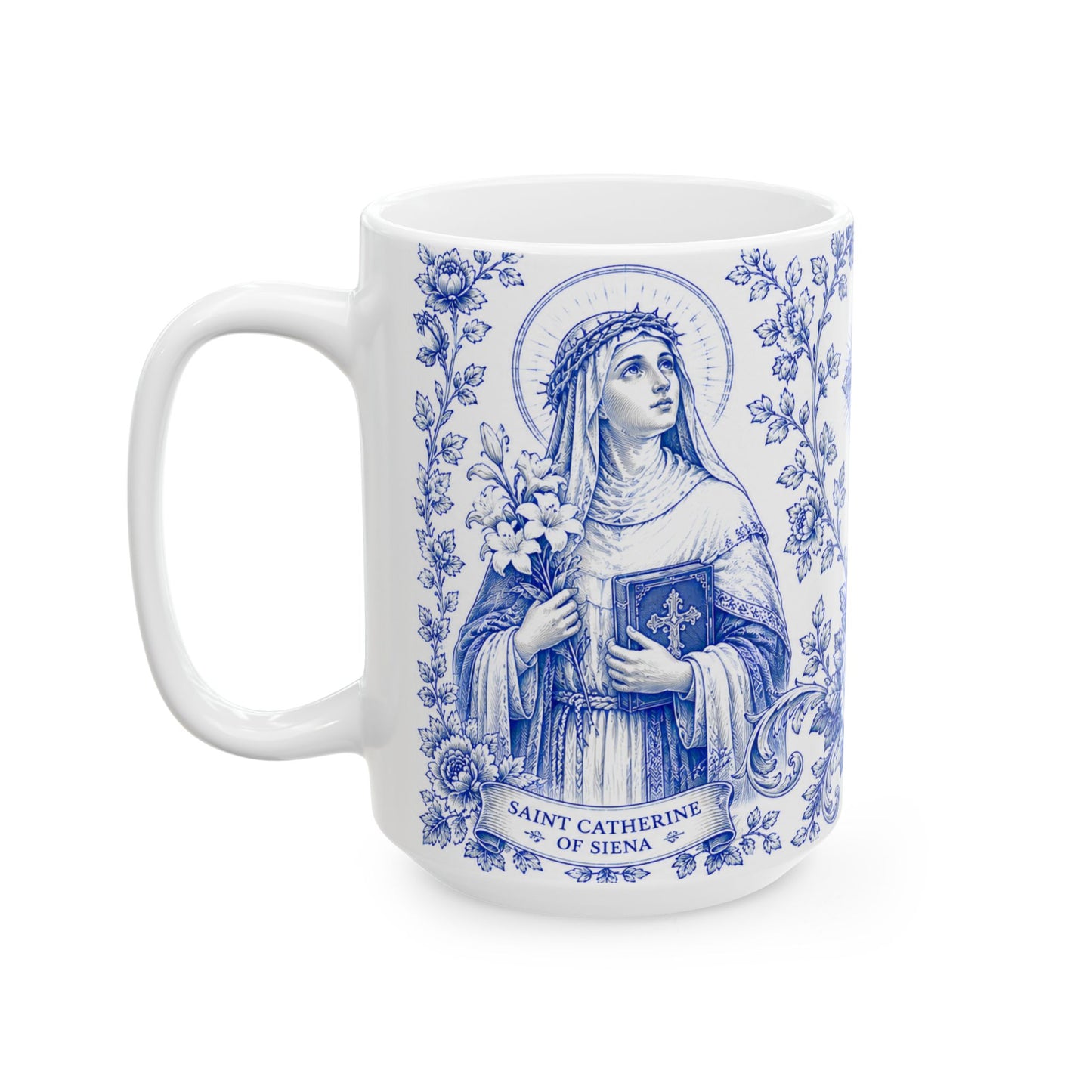 Saint Catherine of Siena Catholic Mug – Blue Toile Design (15oz)