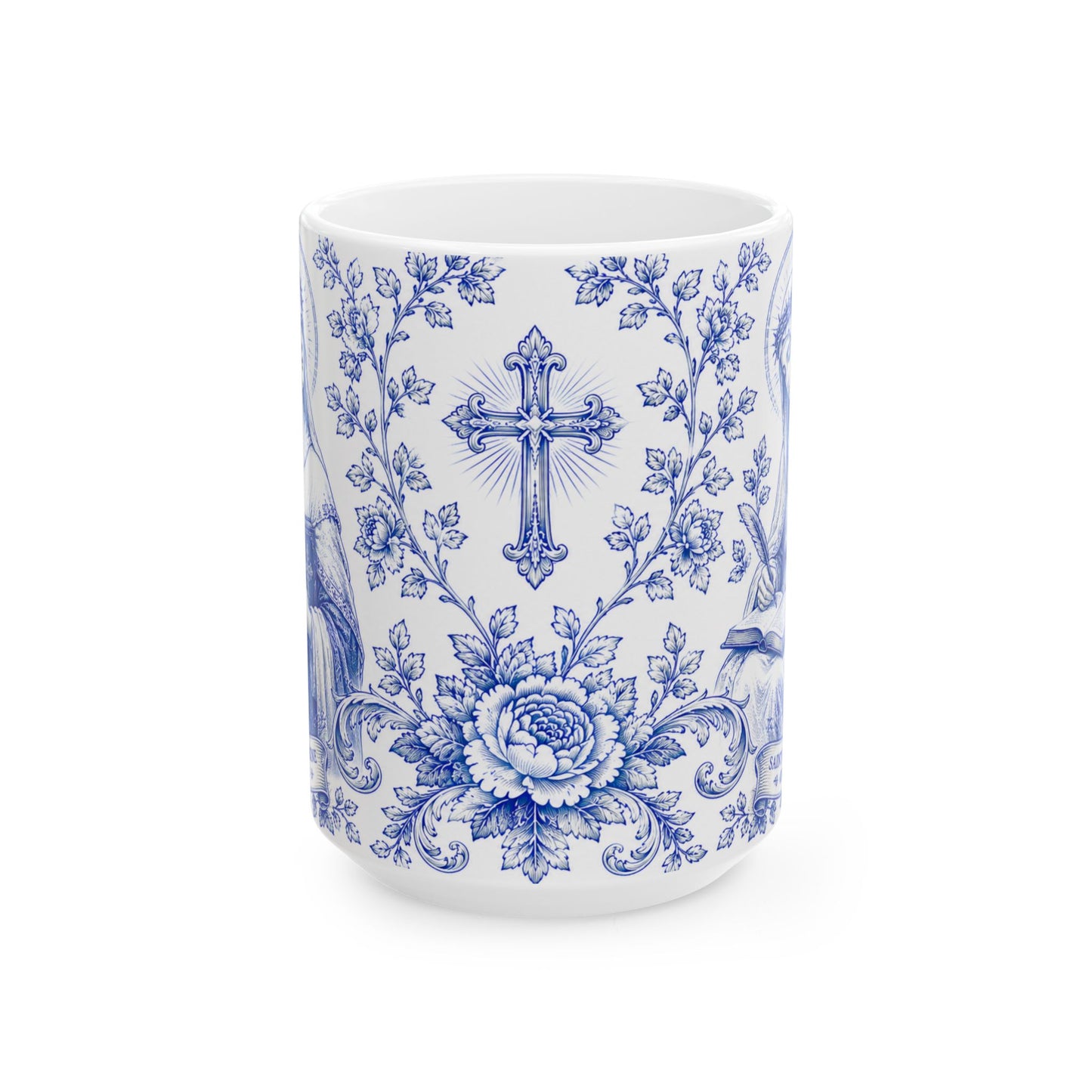 Saint Catherine of Siena Catholic Mug – Blue Toile Design (15oz)