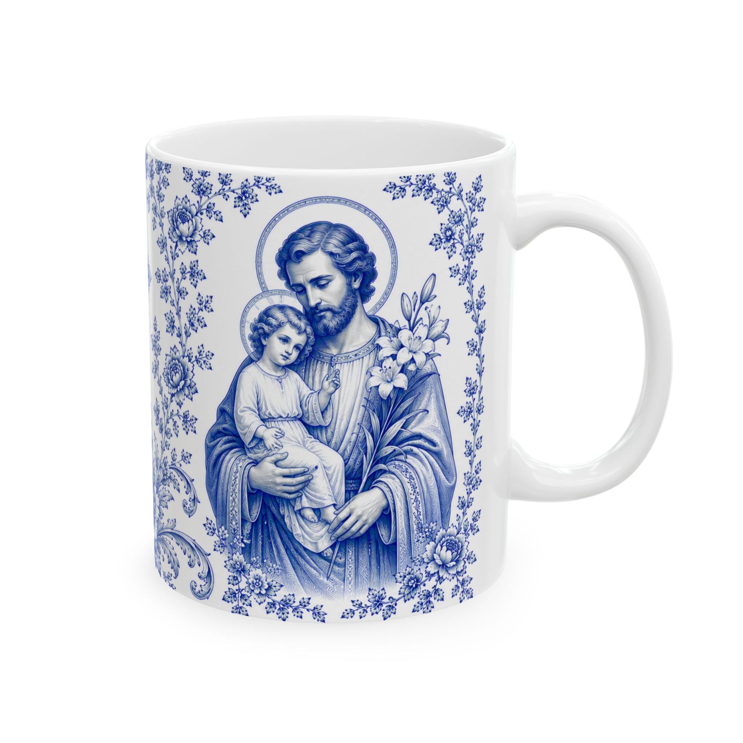 Saint Joseph Catholic Mug – Blue Toile Design (11oz & 15oz)