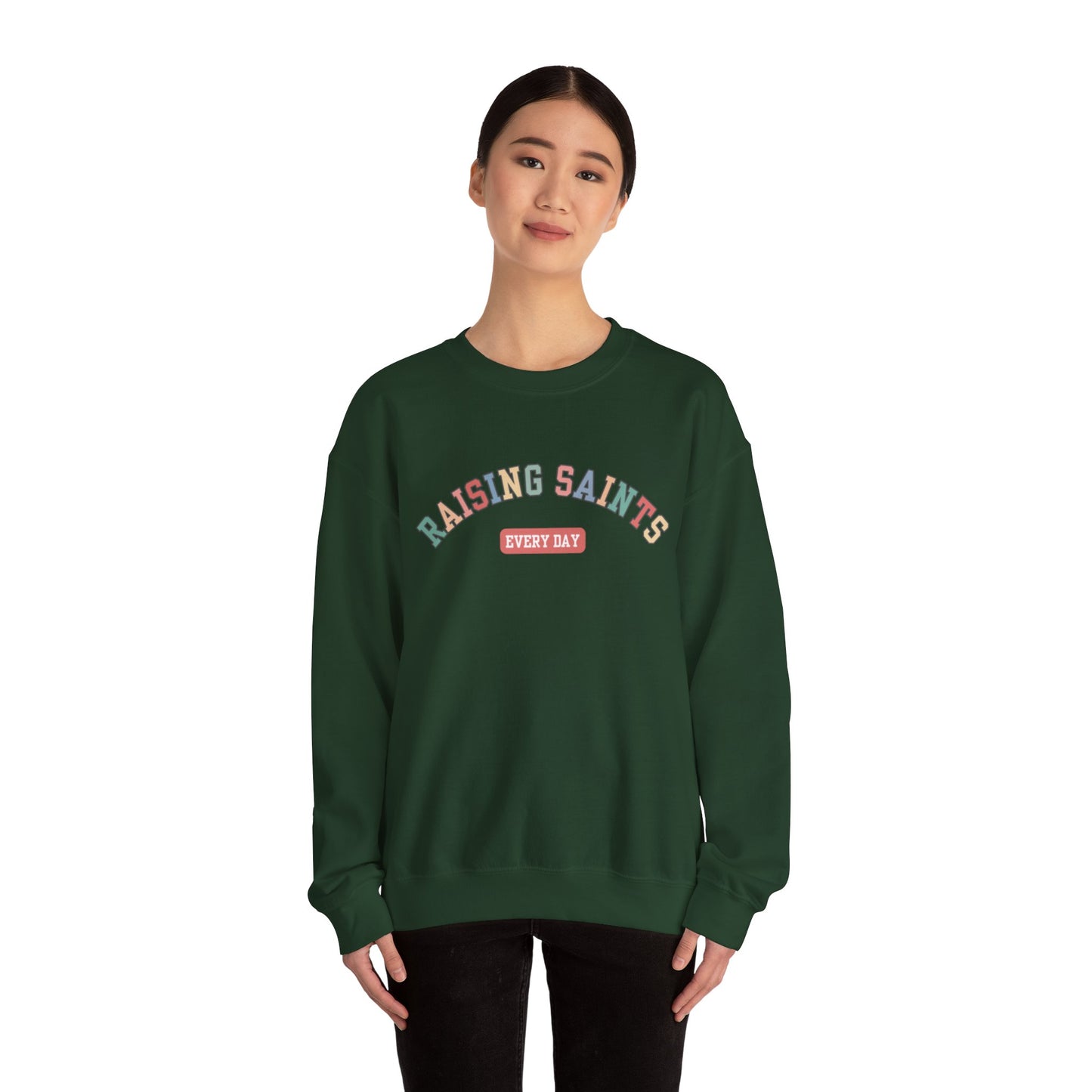 Raising Saints Crewneck Sweatshirt — Catholic Mom Faith Shirt