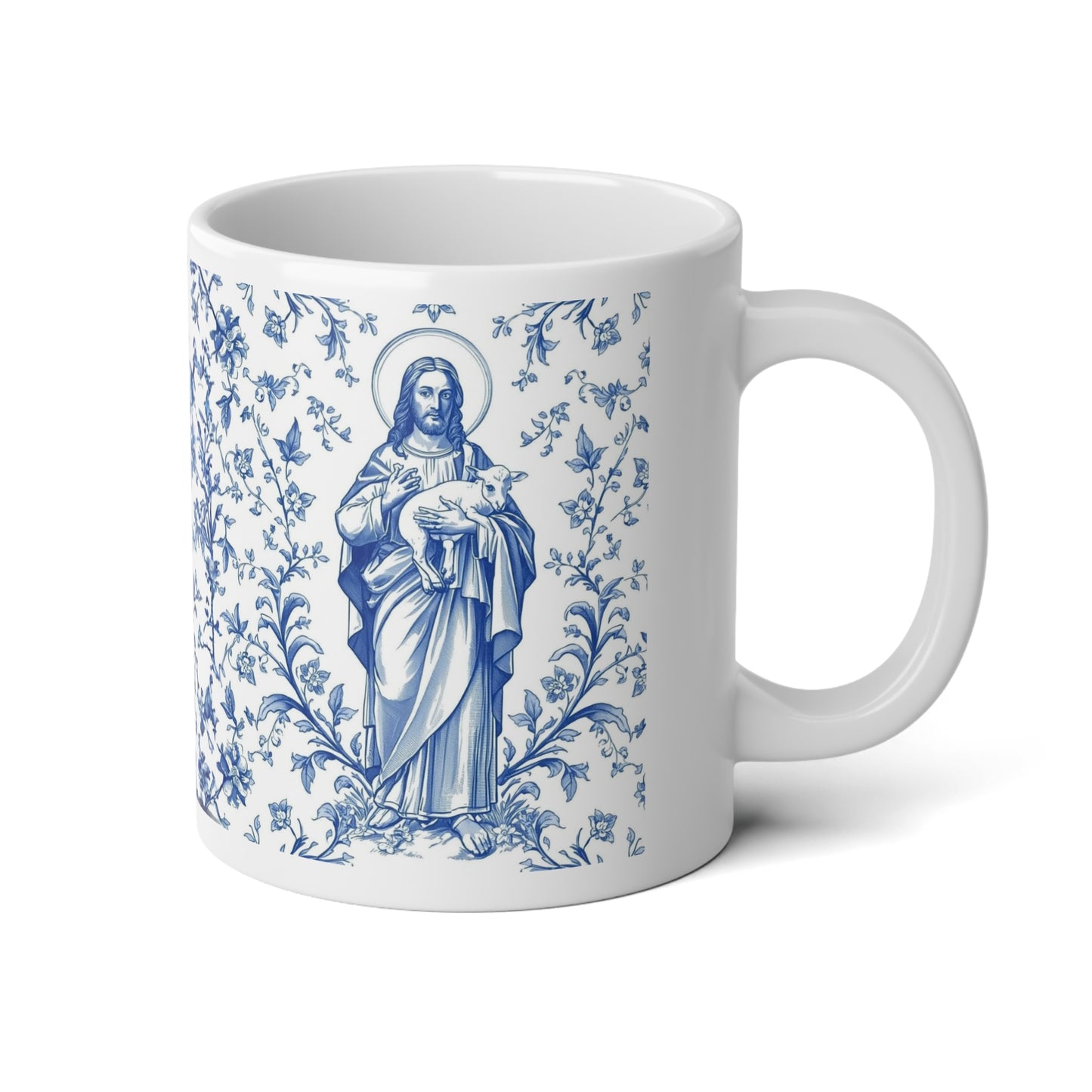 Good Shepherd Toile 20oz Jumbo Mug — Blue Floral Catholic Coffee Cup (Christian Gift)