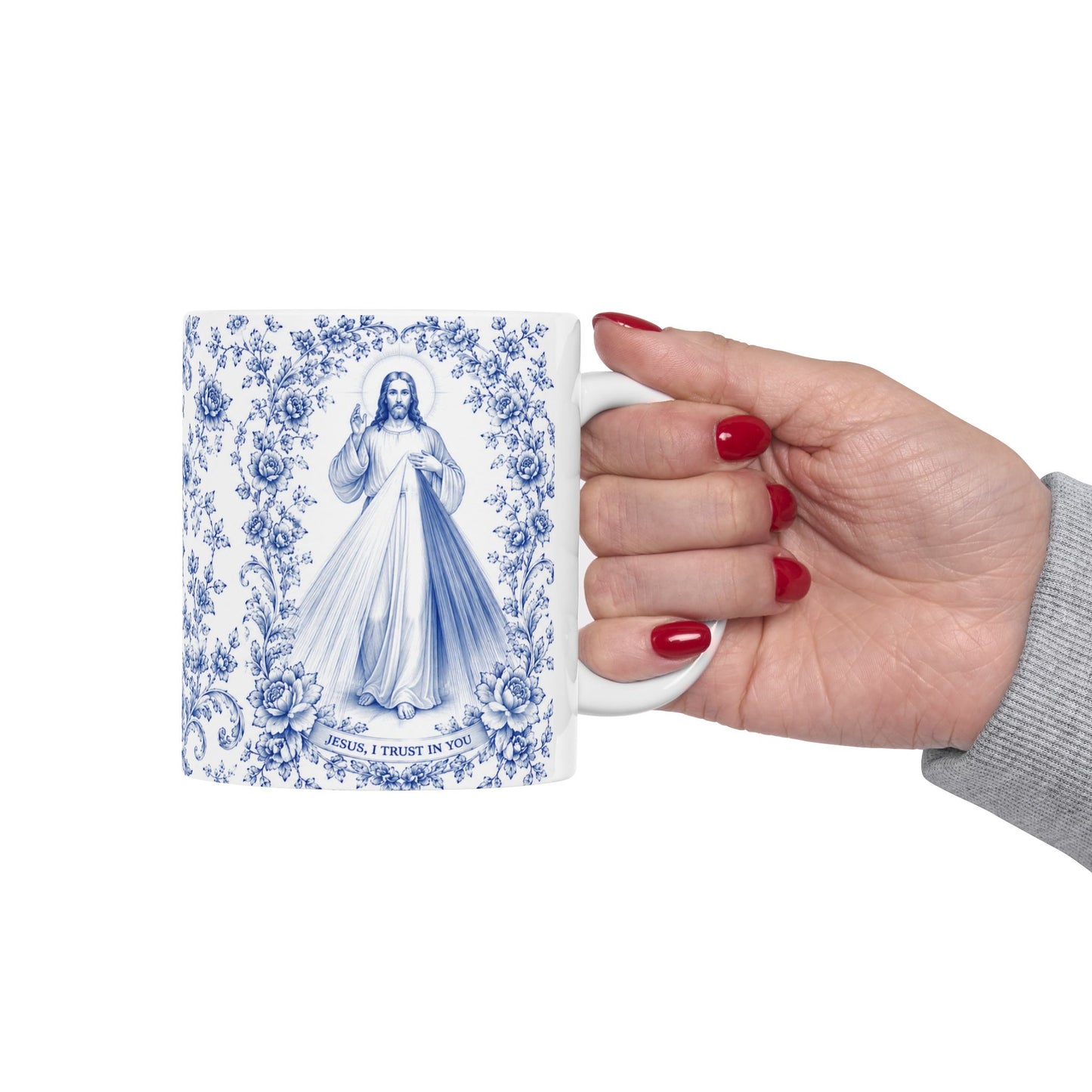 Divine Mercy Catholic Mug – Blue Toile Design (11oz & 15oz)