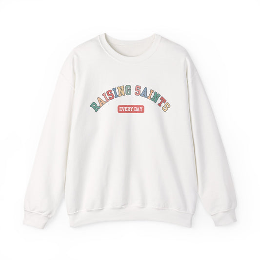 Raising Saints Crewneck Sweatshirt — Catholic Mom Faith Shirt