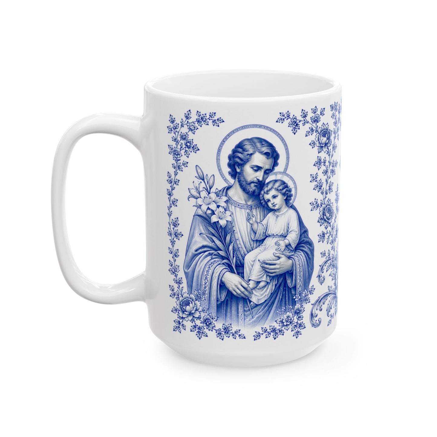 Saint Joseph Catholic Mug – Blue Toile Design (11oz & 15oz)
