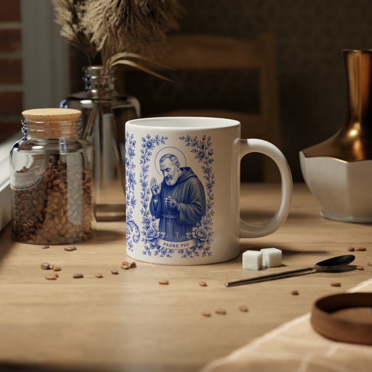 Padre Pio Catholic Mug – Blue Toile Design (20oz)