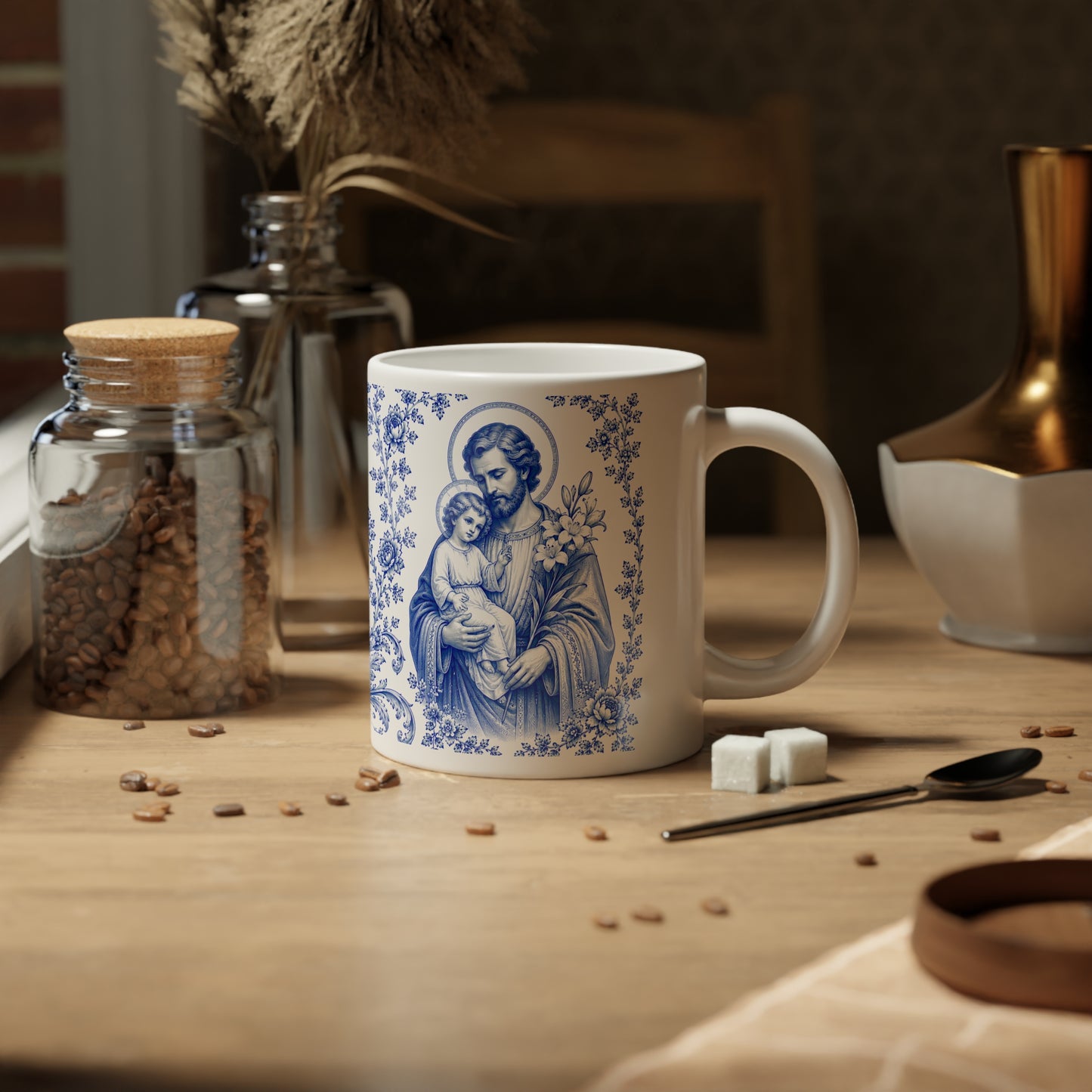 Saint Joseph Catholic Mug – Blue Toile Design (20oz)