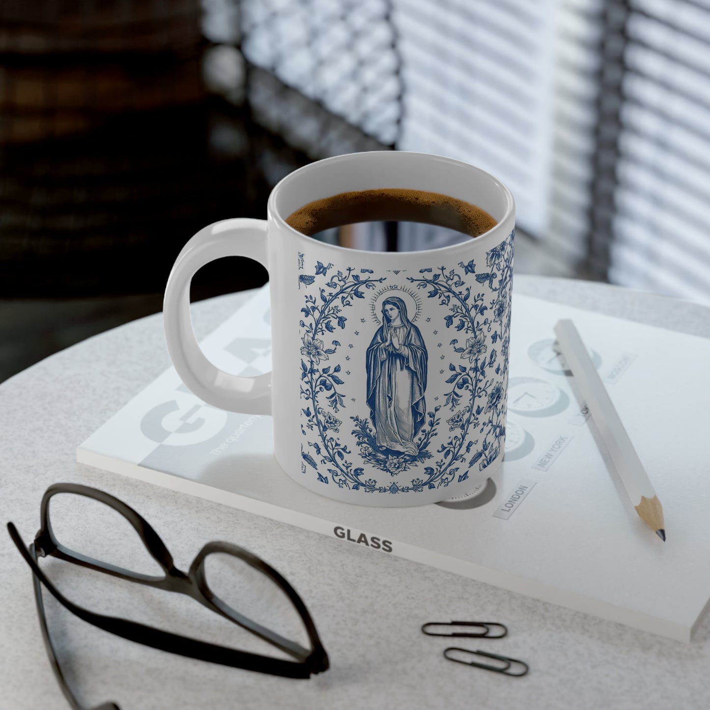 Blessed Mother 20oz Jumbo Mug — Blue Marian Toile 'Ave Maria' Catholic Coffee Cup