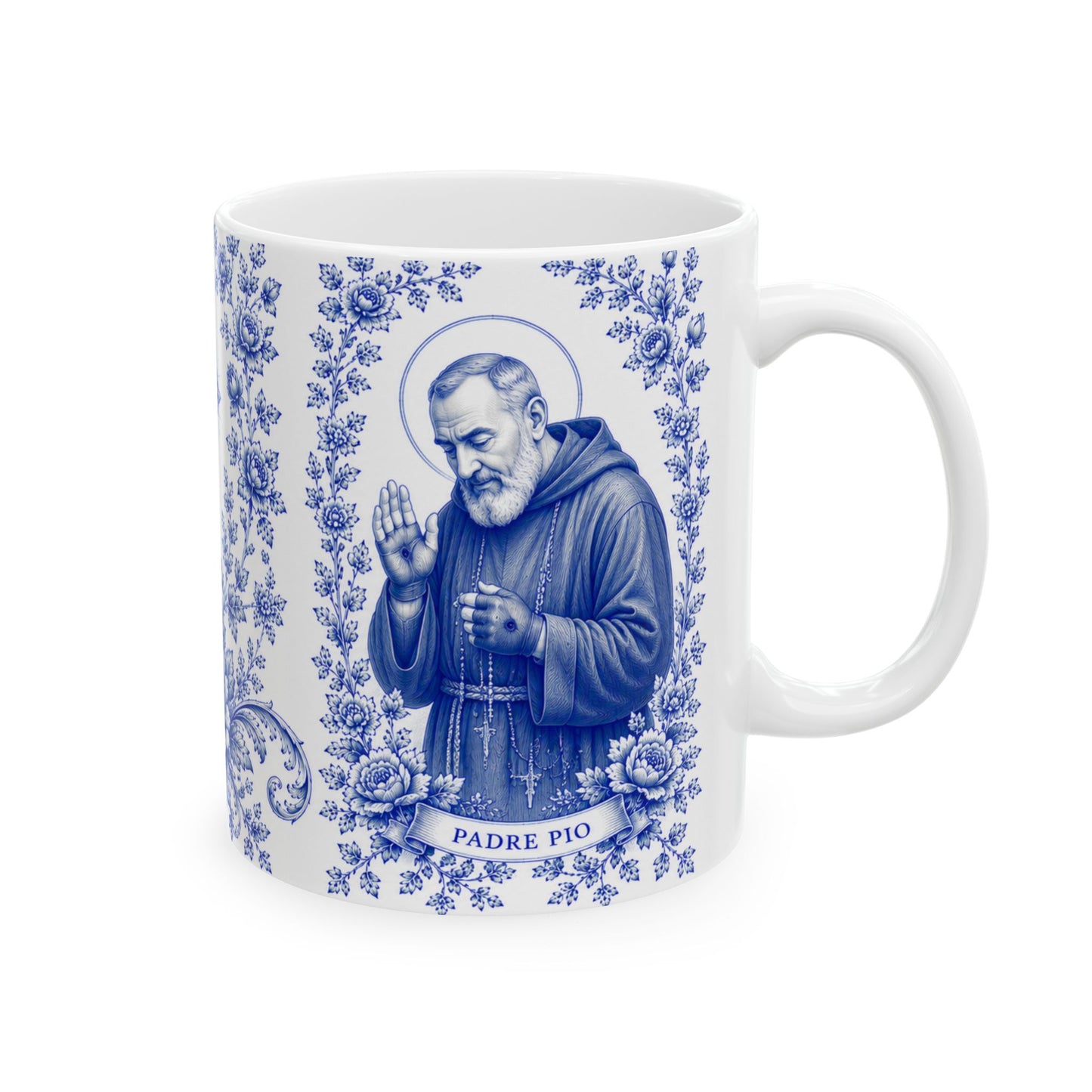 Padre Pio Catholic Mug – Blue Toile Design (11oz & 15oz)