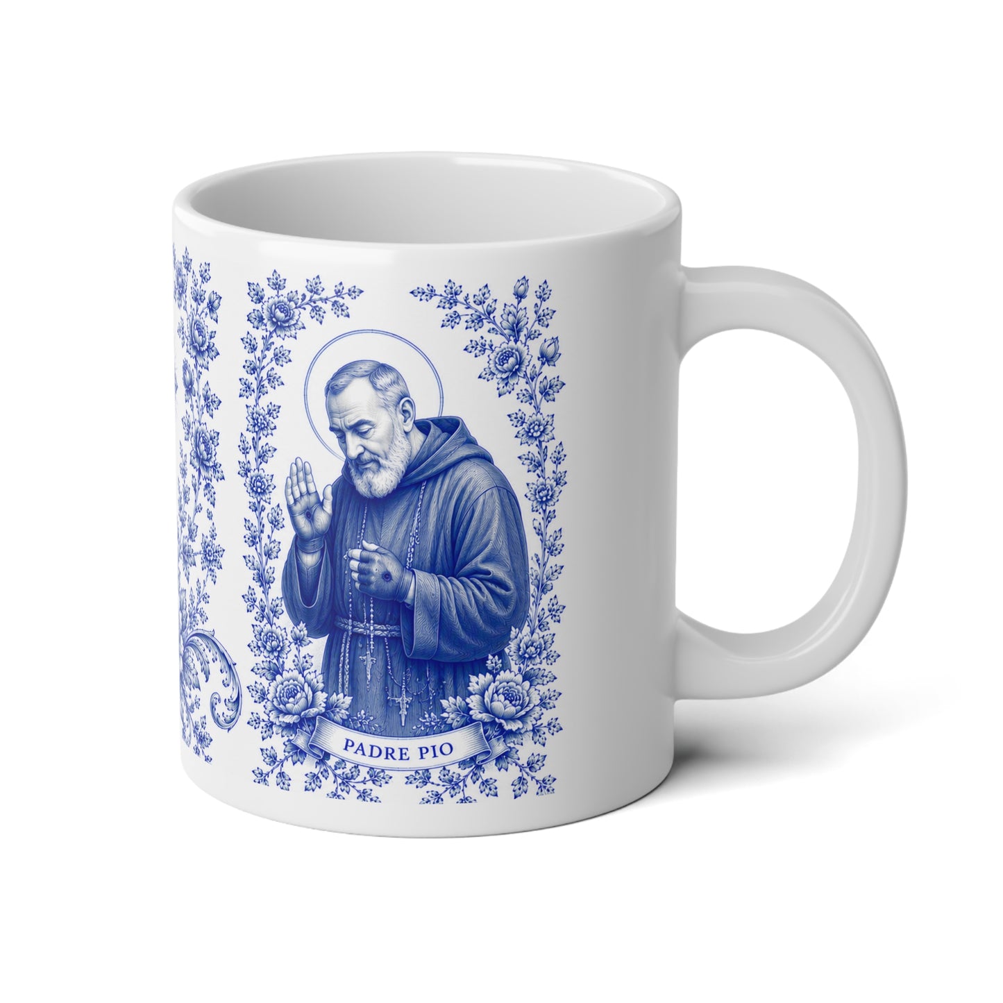 Padre Pio Catholic Mug – Blue Toile Design (20oz)