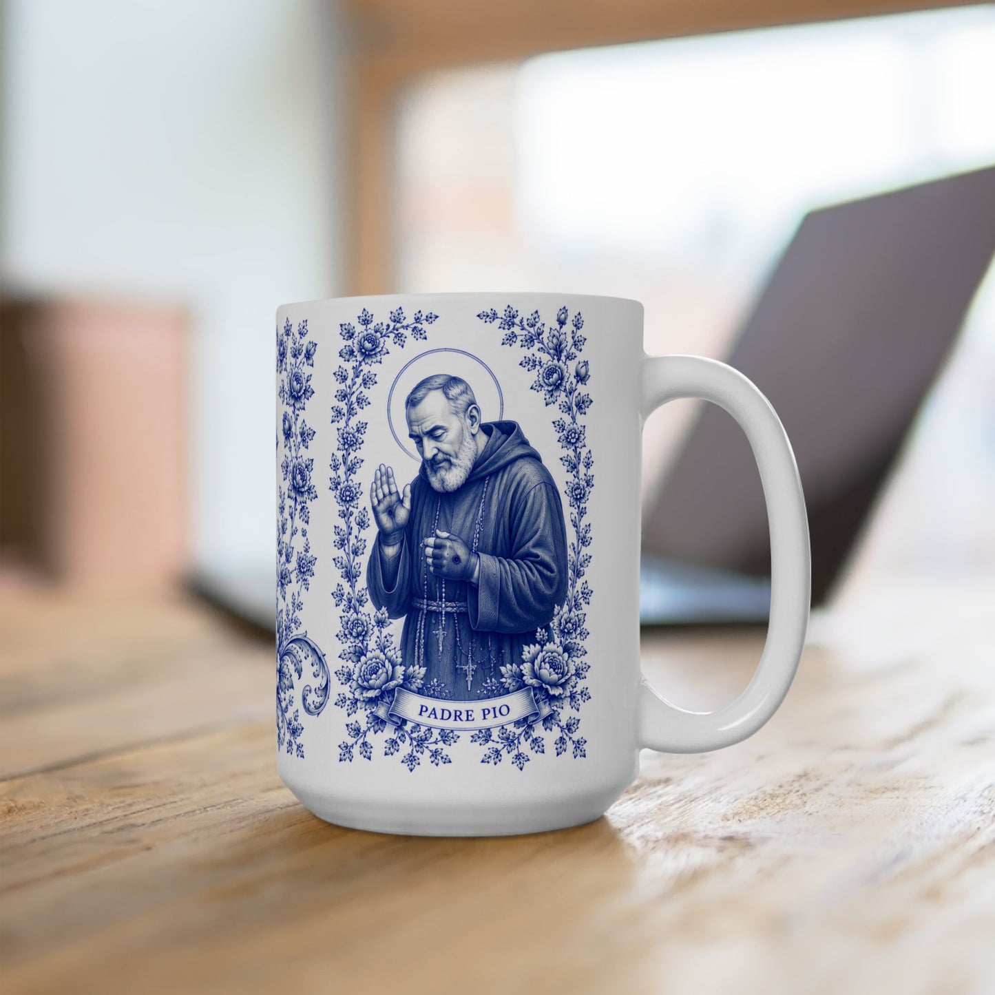 Padre Pio Catholic Mug – Blue Toile Design (11oz & 15oz)