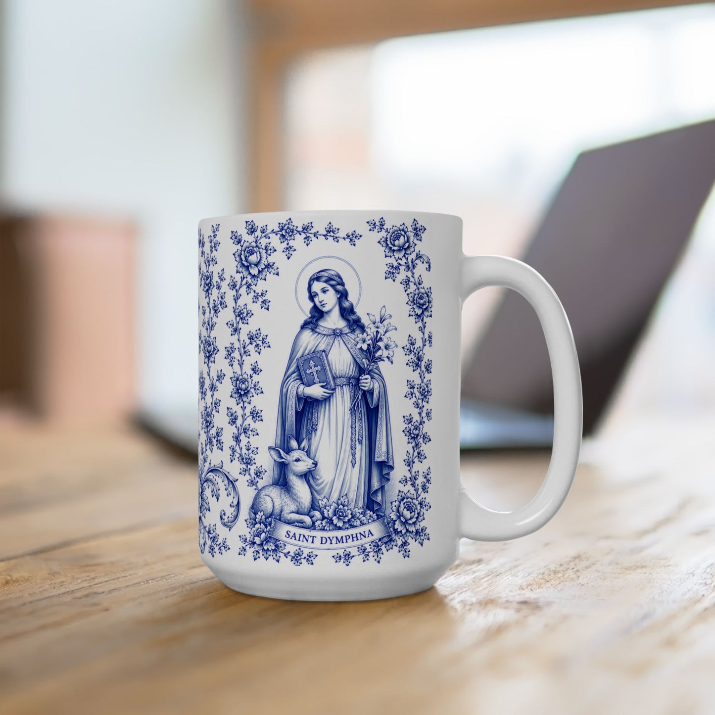 Saint Dymphna Ceramic Mug — Catholic Angel Coffee Mug (11oz & 15oz)