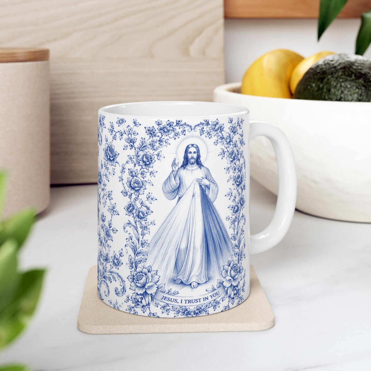 Divine Mercy Catholic Mug – Blue Toile Design (11oz & 15oz)