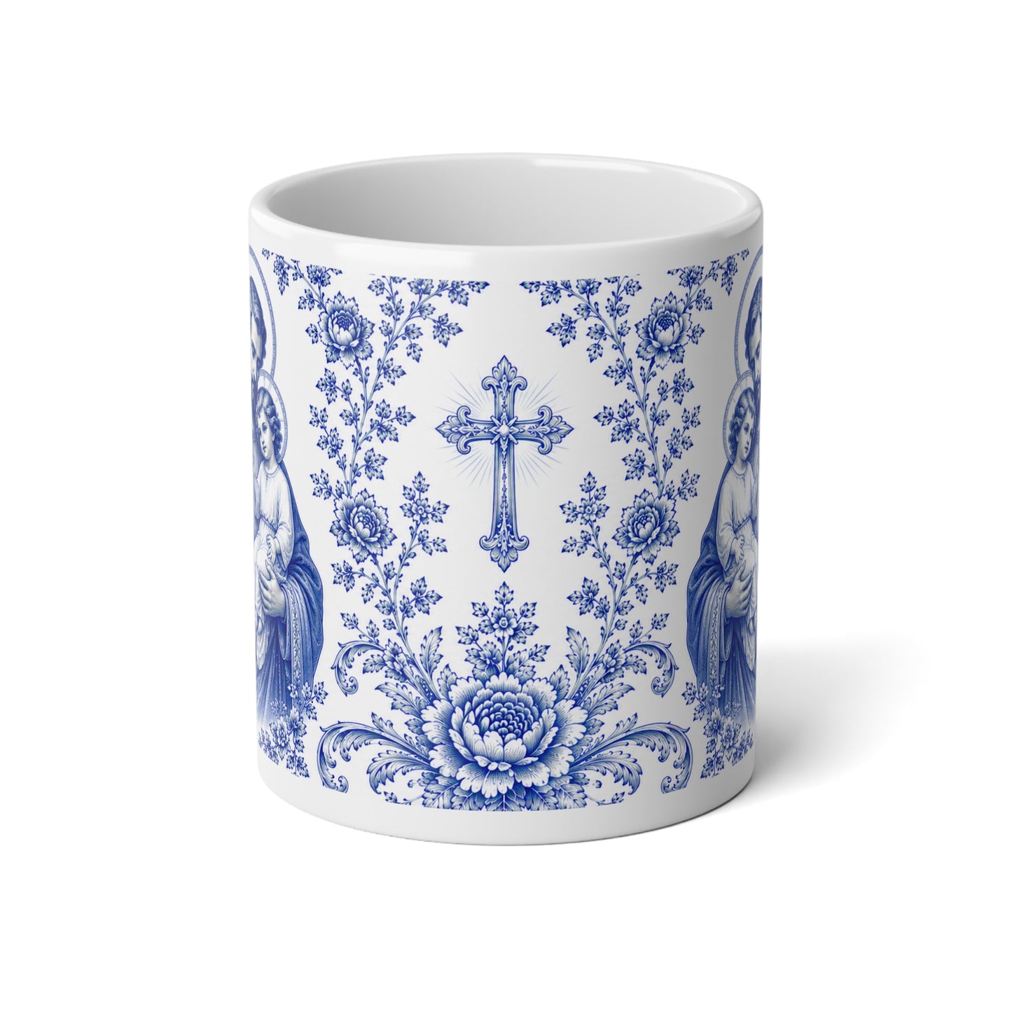 Saint Joseph Catholic Mug – Blue Toile Design (20oz)