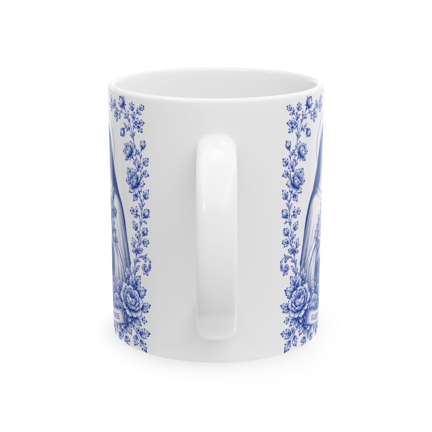 Saint Thérèse of Lisieux Catholic Mug – Blue Toile Design (11oz & 15oz)