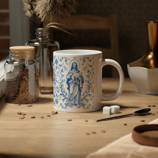 Good Shepherd Toile 20oz Jumbo Mug — Blue Floral Catholic Coffee Cup (Christian Gift)