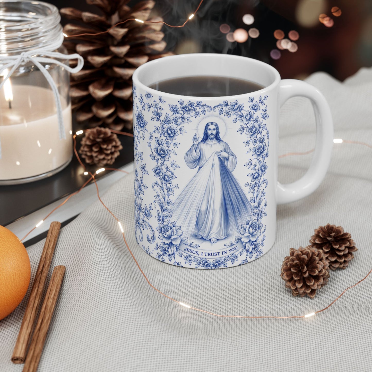 Divine Mercy Catholic Mug – Blue Toile Design (11oz & 15oz)