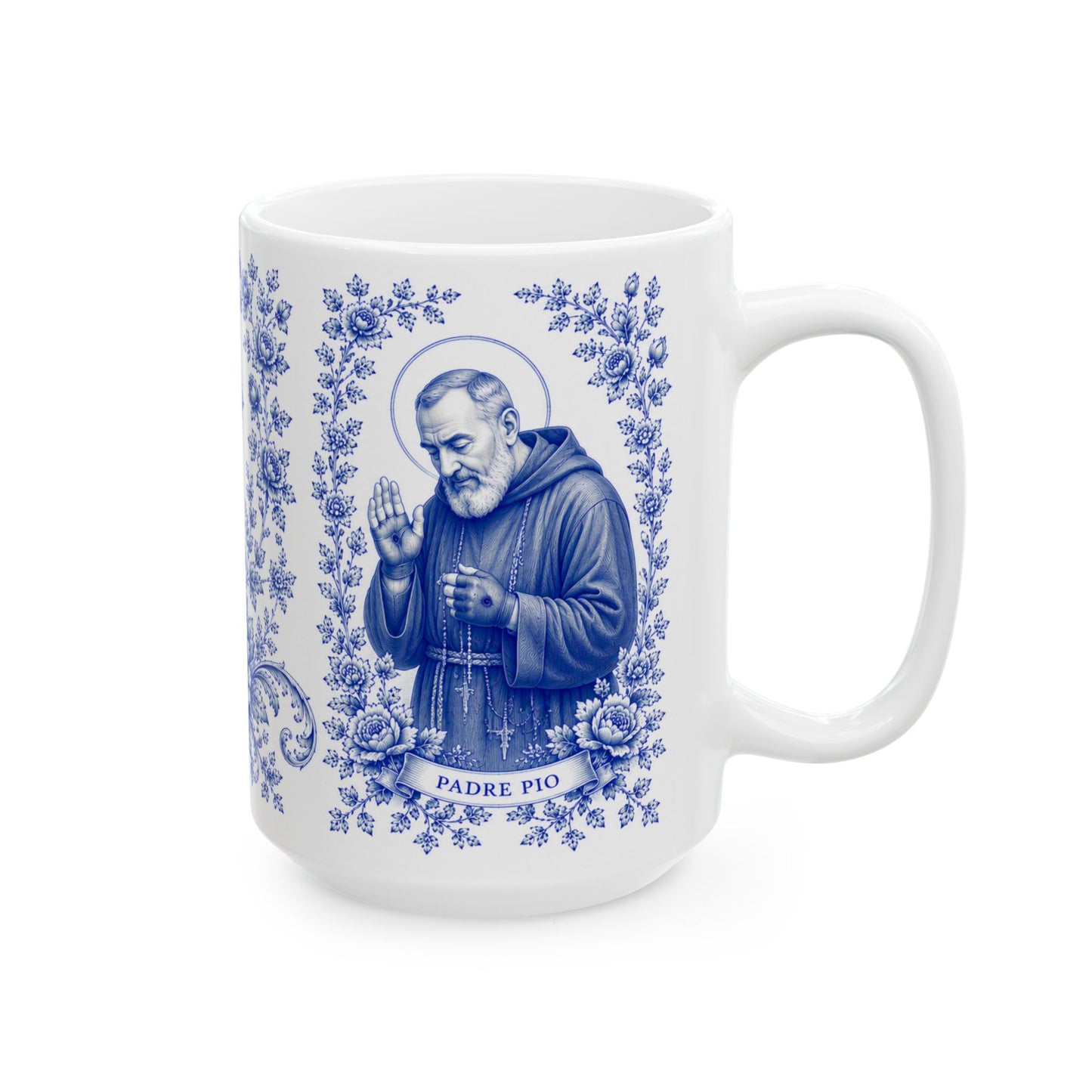 Padre Pio Catholic Mug – Blue Toile Design (11oz & 15oz)