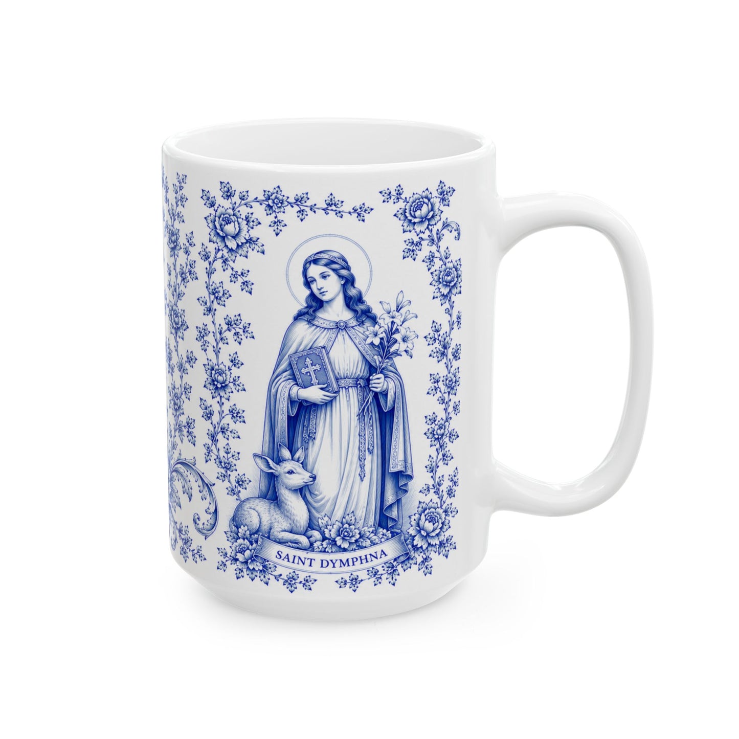 Saint Dymphna Ceramic Mug — Catholic Angel Coffee Mug (11oz & 15oz)