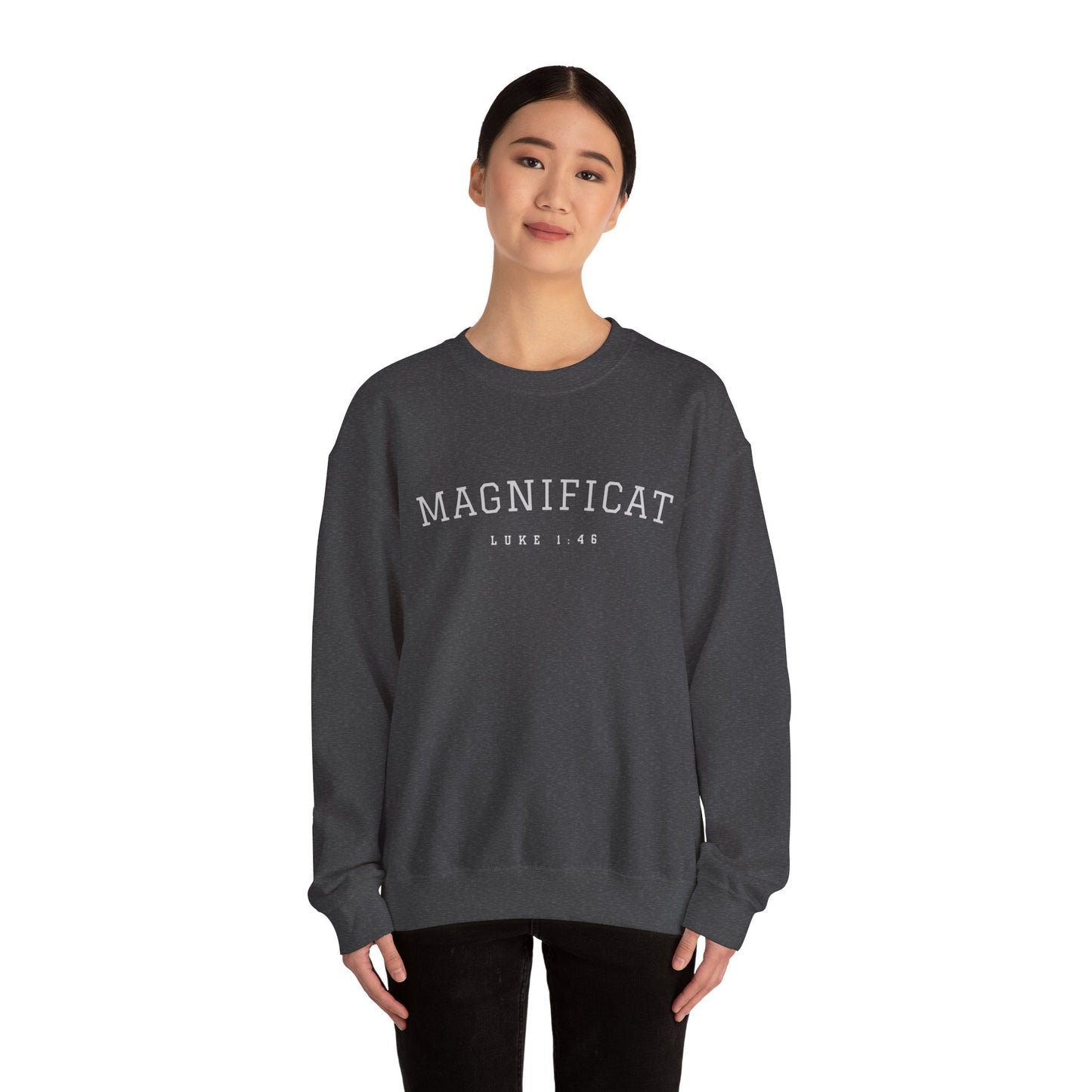 Magnificat Crewneck – Luke 1:46 Catholic Varsity Sweatshirt