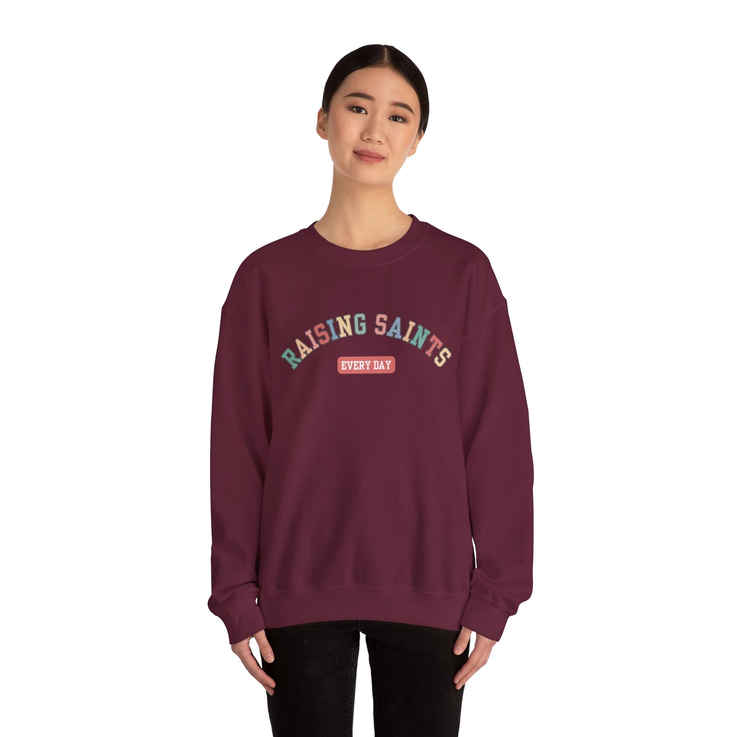 Raising Saints Crewneck Sweatshirt — Catholic Mom Faith Shirt
