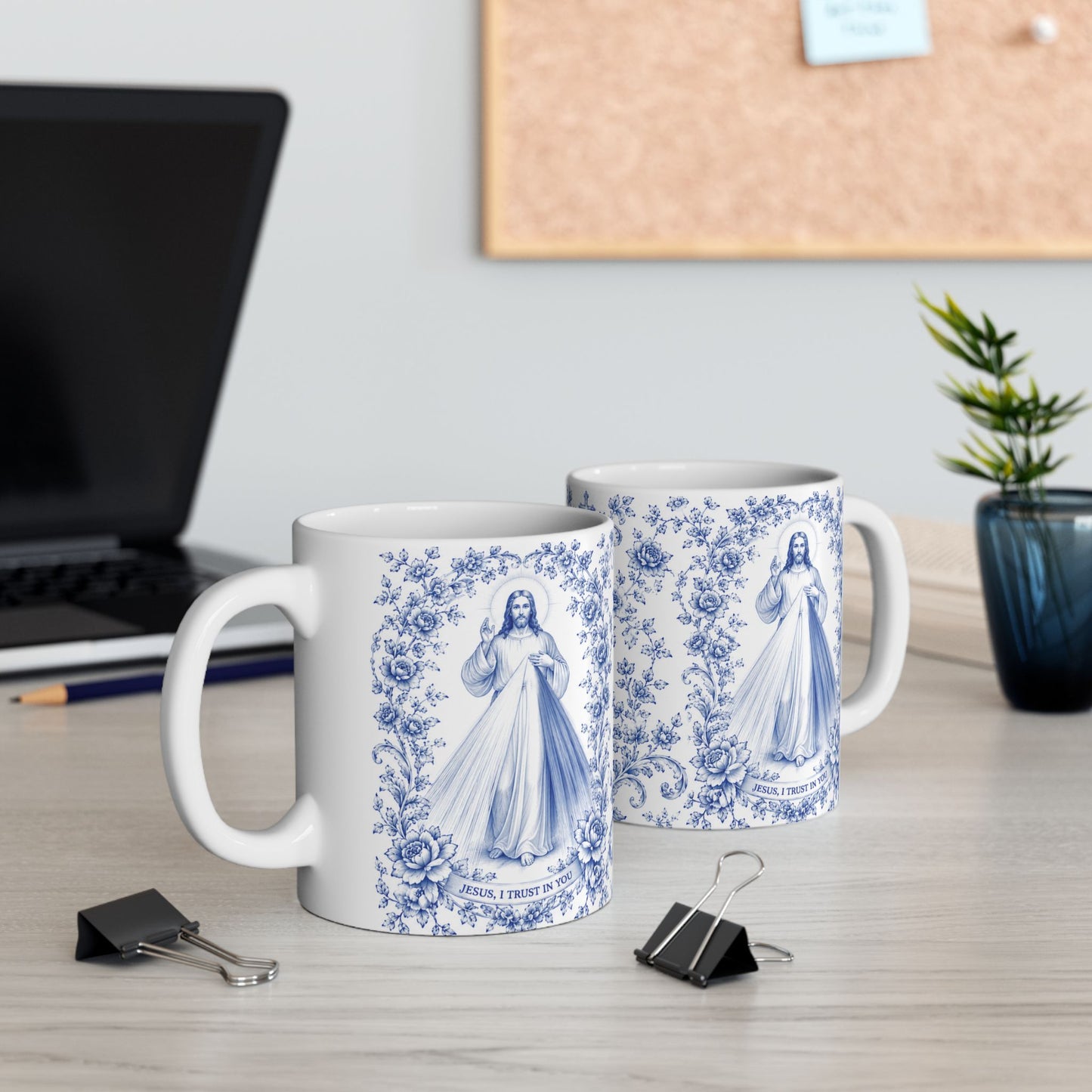 Divine Mercy Catholic Mug – Blue Toile Design (11oz & 15oz)
