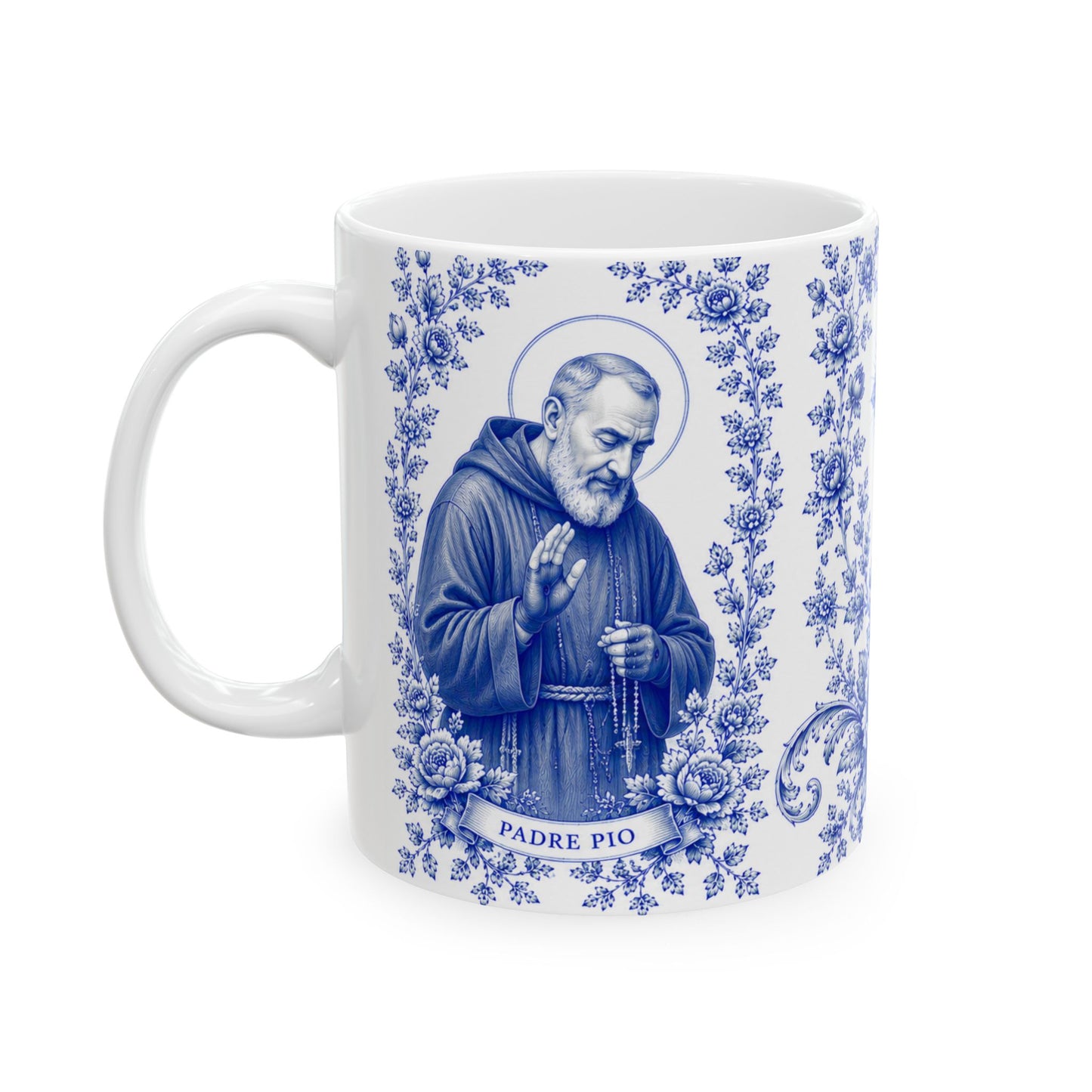 Padre Pio Catholic Mug – Blue Toile Design (11oz & 15oz)