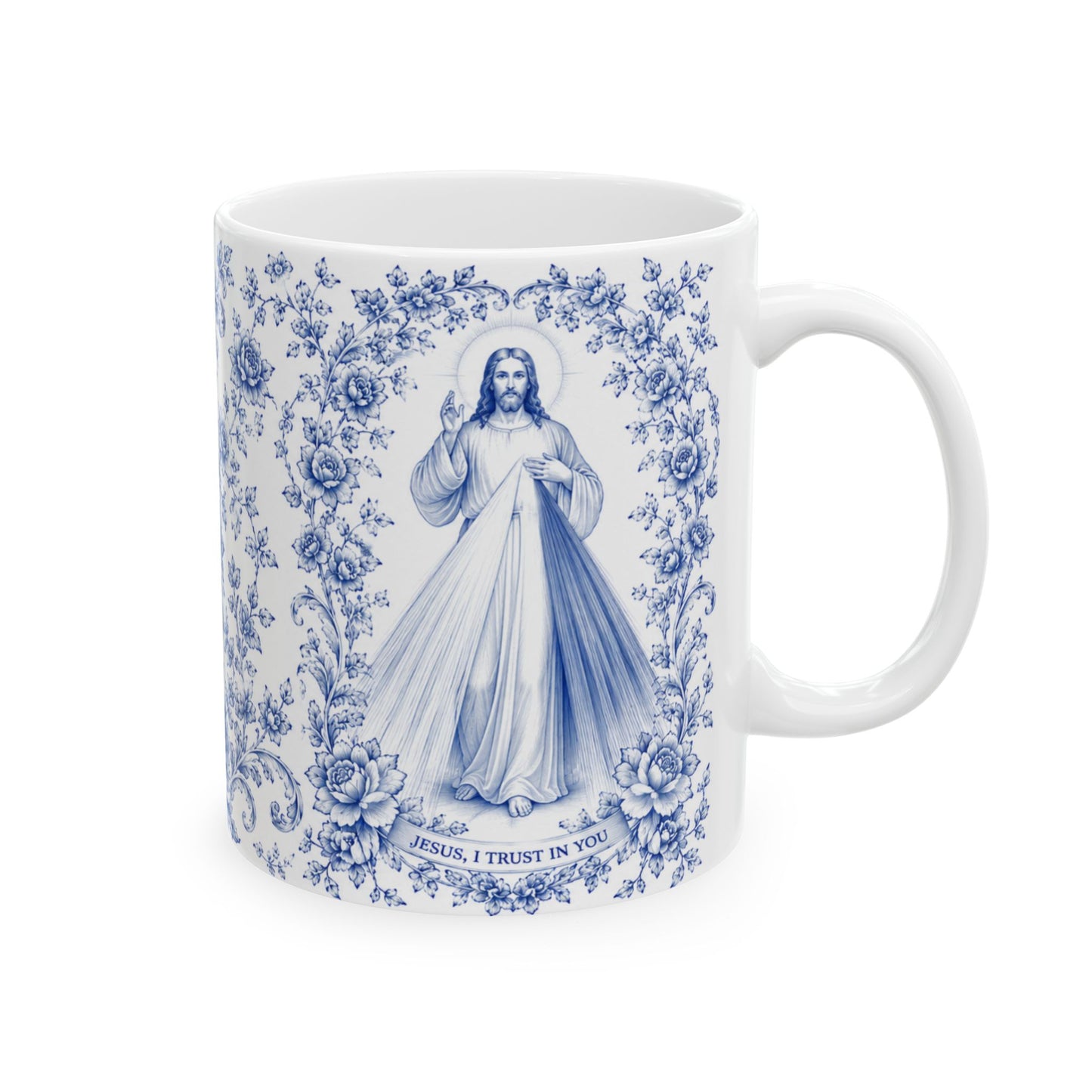 Divine Mercy Catholic Mug – Blue Toile Design (11oz & 15oz)