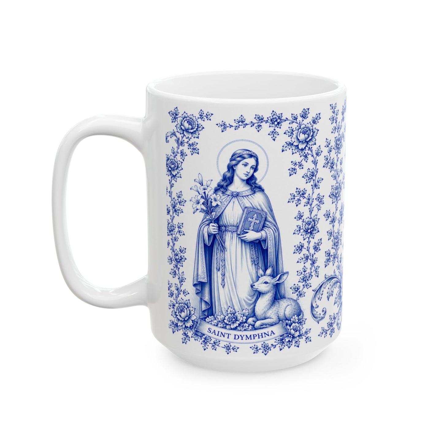 Saint Dymphna Ceramic Mug — Catholic Angel Coffee Mug (11oz & 15oz)
