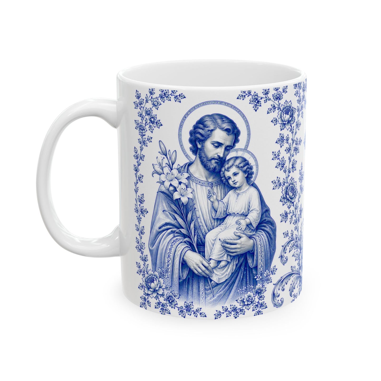 Saint Joseph Catholic Mug – Blue Toile Design (11oz & 15oz)