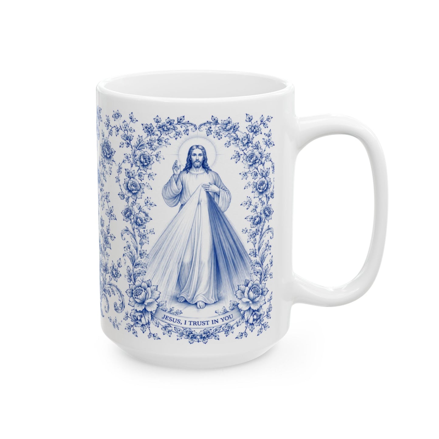 Divine Mercy Catholic Mug – Blue Toile Design (11oz & 15oz)