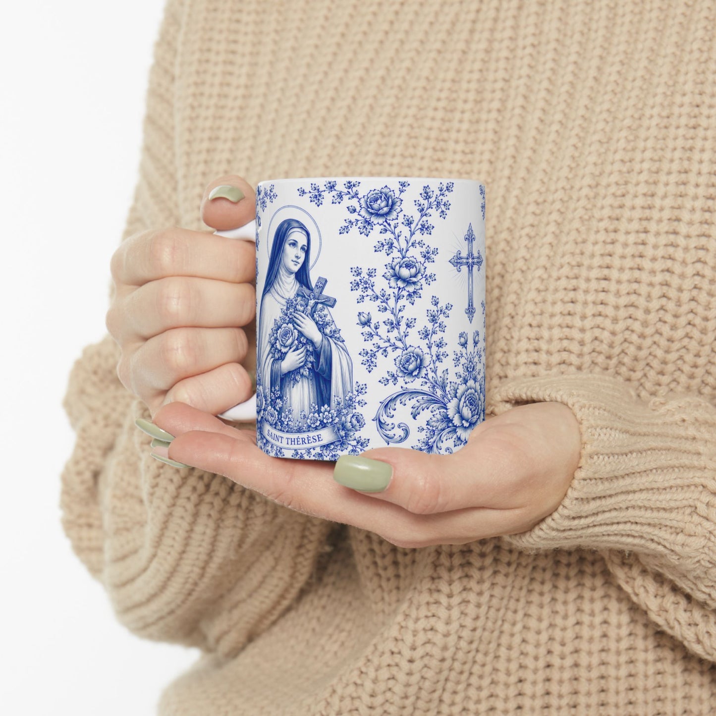 Saint Thérèse of Lisieux Catholic Mug – Blue Toile Design (11oz & 15oz)