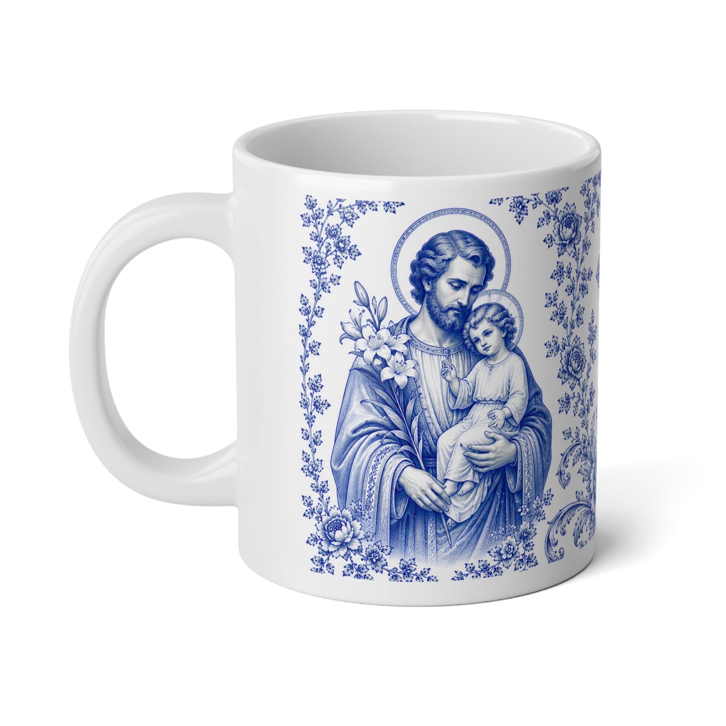 Saint Joseph Catholic Mug – Blue Toile Design (20oz)