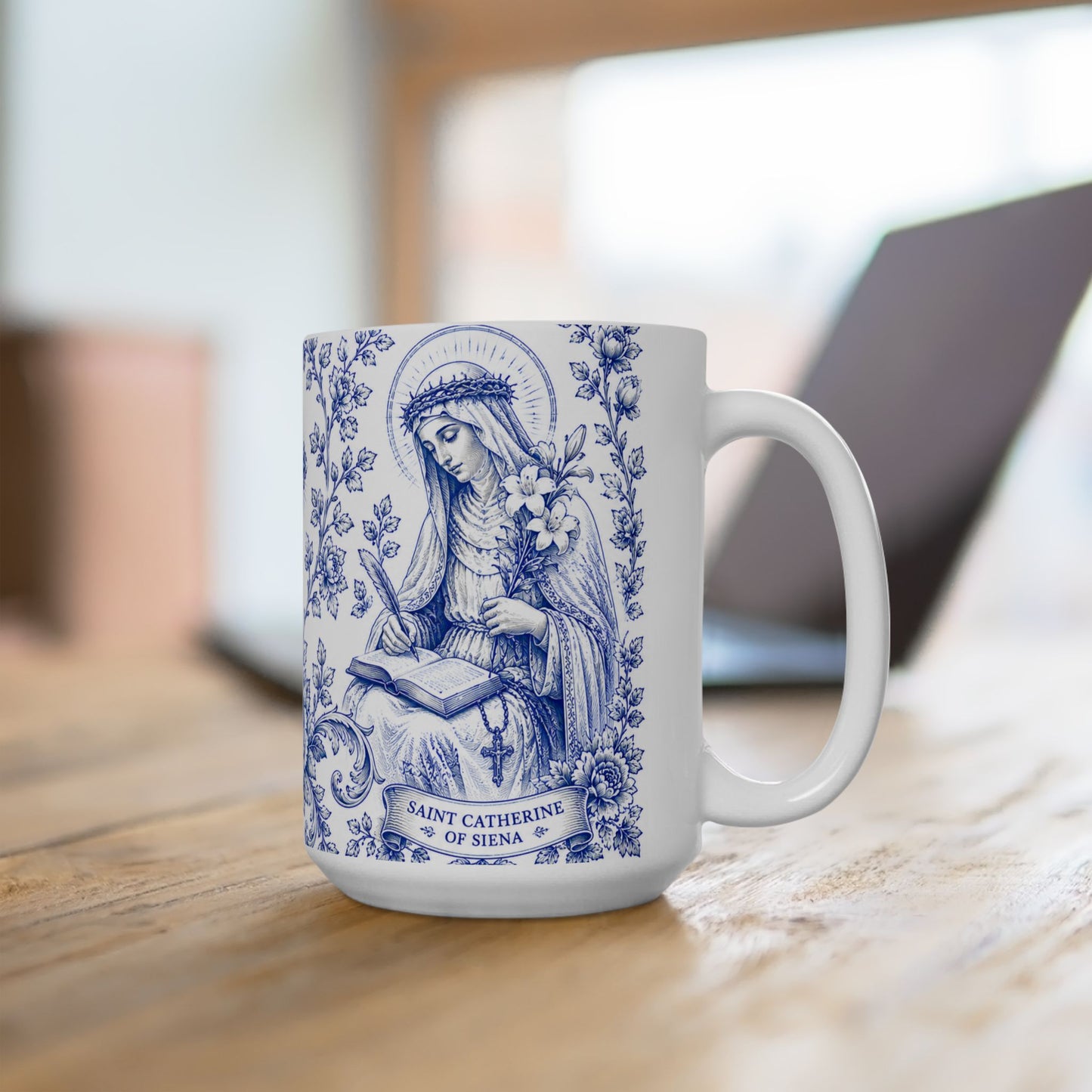 Saint Catherine of Siena Catholic Mug – Blue Toile Design (15oz)