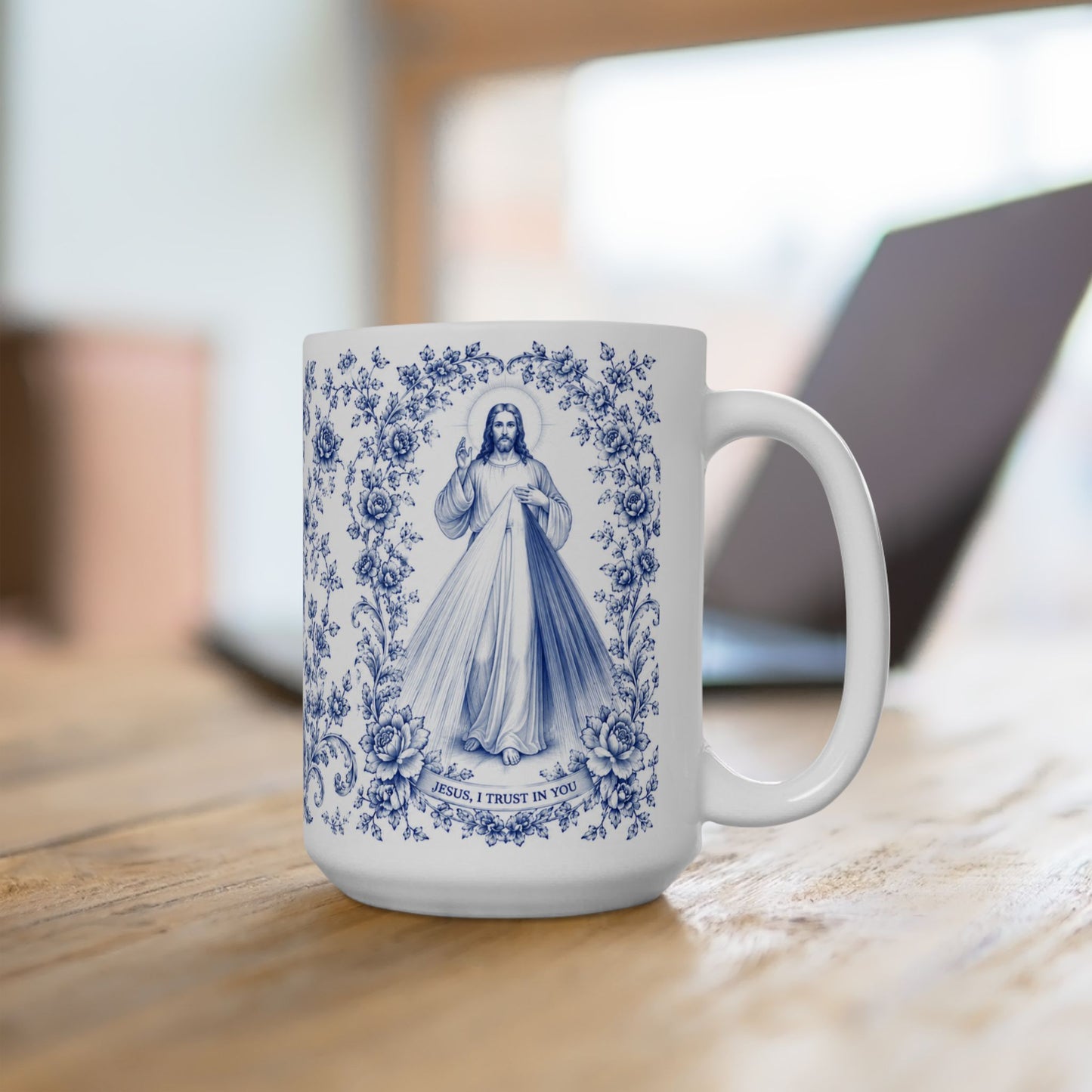 Divine Mercy Catholic Mug – Blue Toile Design (11oz & 15oz)
