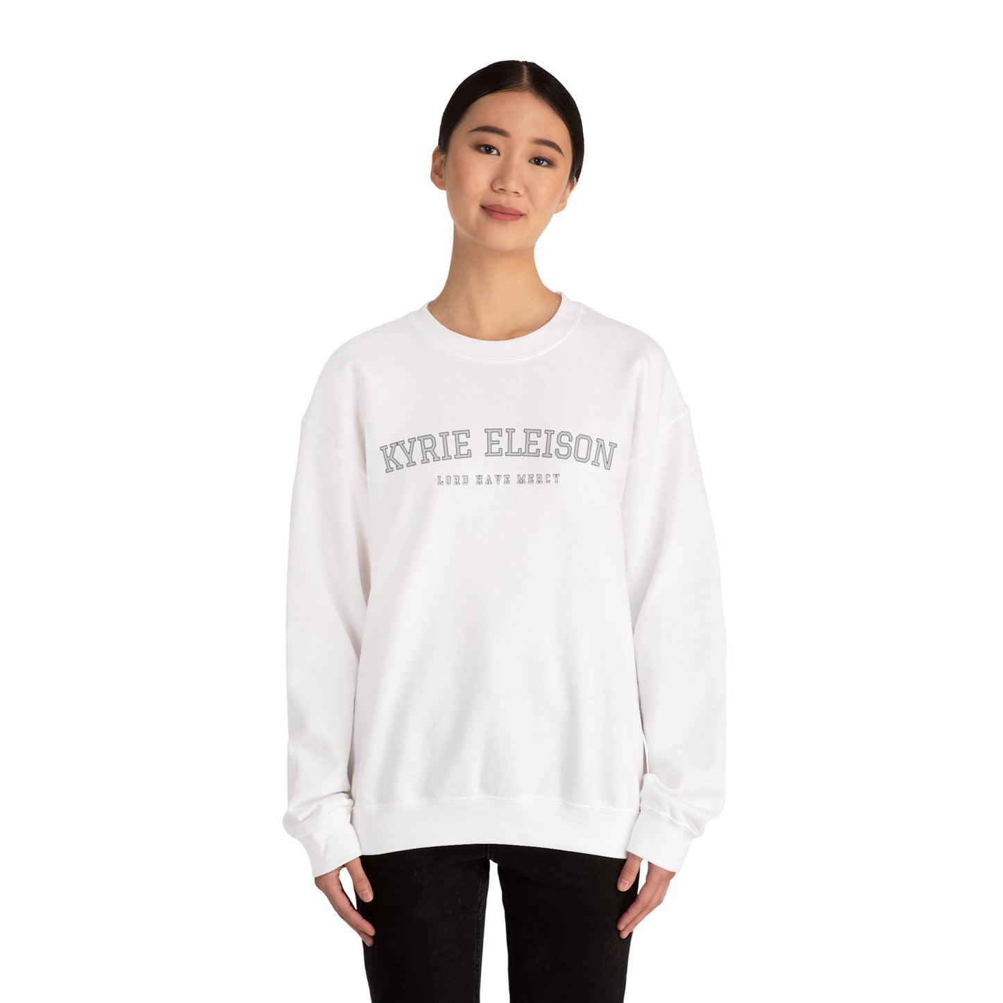 Kyrie Eleison Crewneck Sweatshirt — Catholic “Lord Have Mercy” Minimalist Pullover