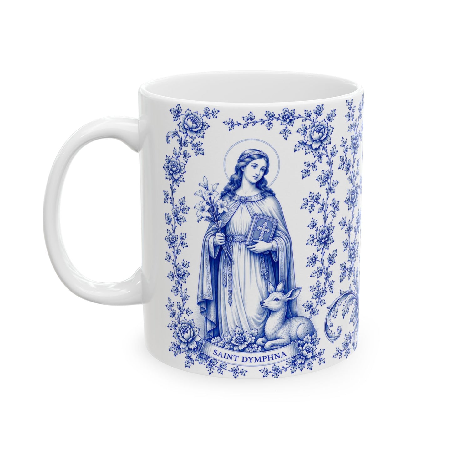 Saint Dymphna Ceramic Mug — Catholic Angel Coffee Mug (11oz & 15oz)