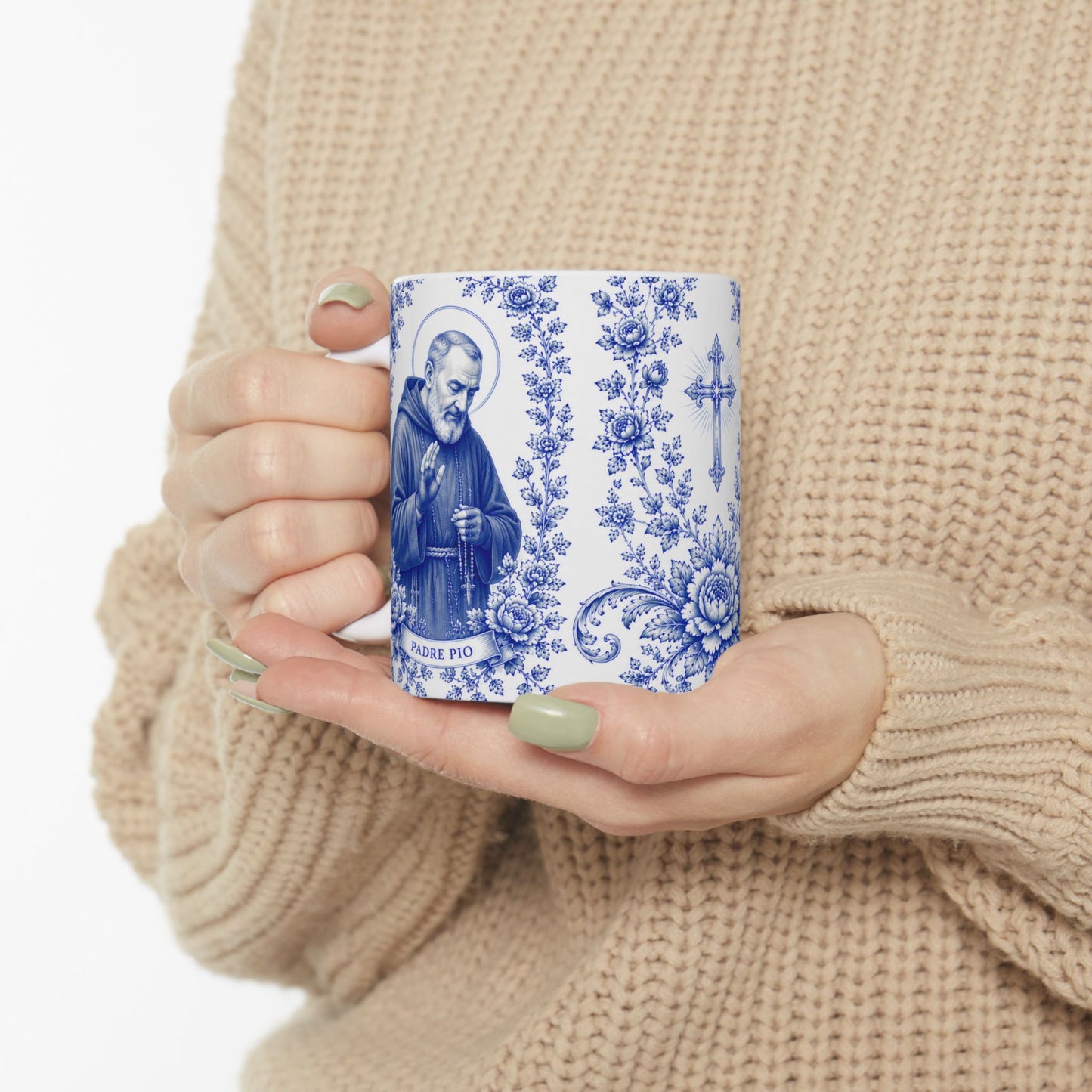 Padre Pio Catholic Mug – Blue Toile Design (11oz & 15oz)