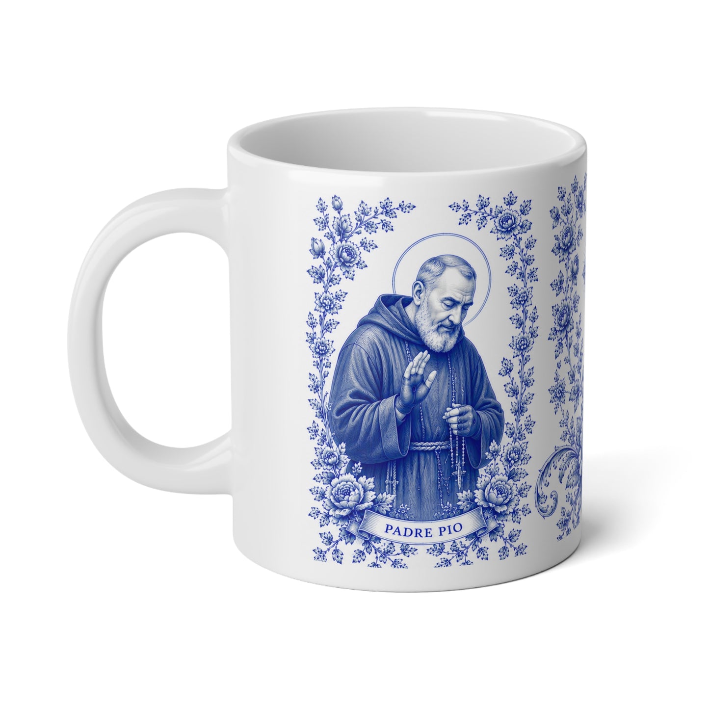 Padre Pio Catholic Mug – Blue Toile Design (20oz)