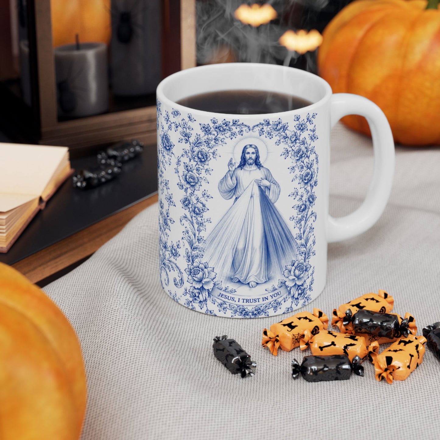 Divine Mercy Catholic Mug – Blue Toile Design (11oz & 15oz)