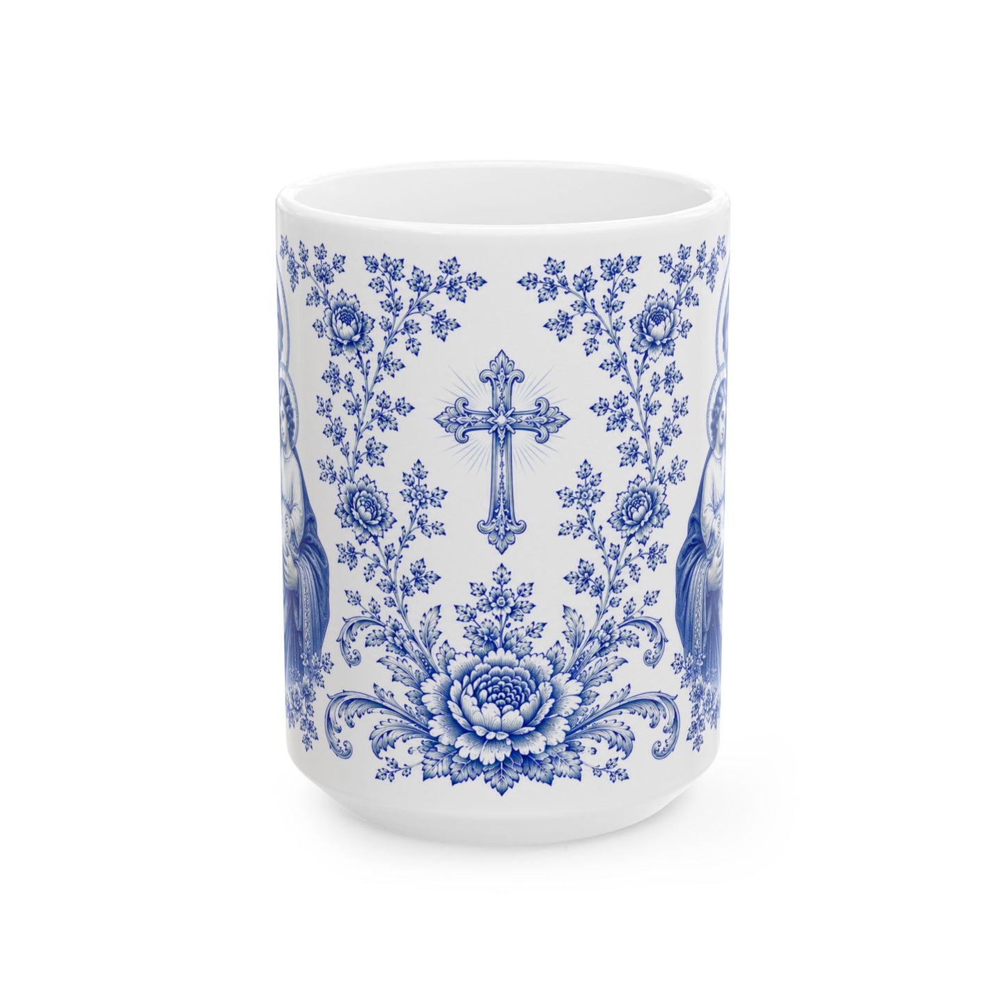 Saint Joseph Catholic Mug – Blue Toile Design (11oz & 15oz)