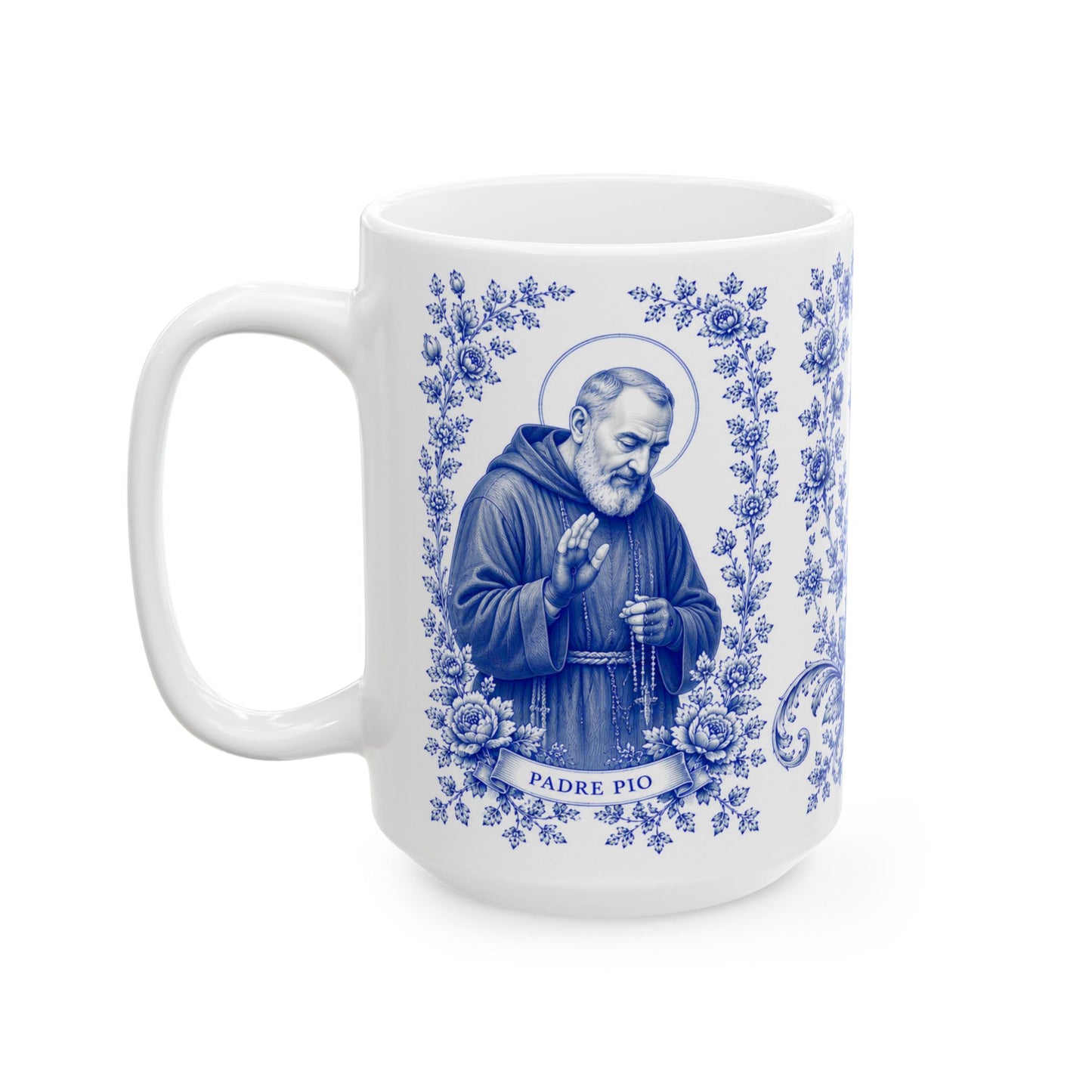 Padre Pio Catholic Mug – Blue Toile Design (11oz & 15oz)
