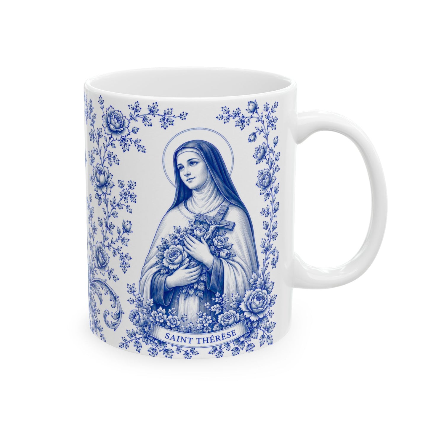 Saint Thérèse of Lisieux Catholic Mug – Blue Toile Design (11oz & 15oz)