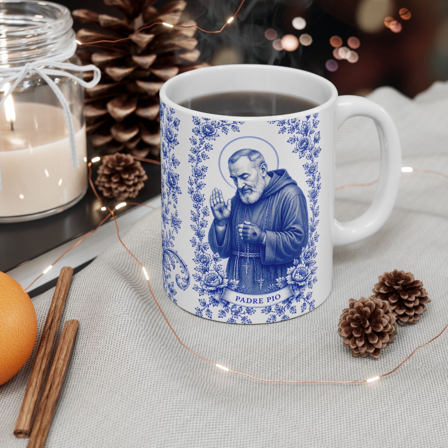 Padre Pio Catholic Mug – Blue Toile Design (11oz & 15oz)