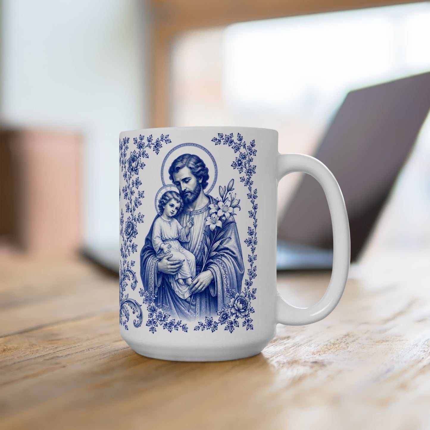 Saint Joseph Catholic Mug – Blue Toile Design (11oz & 15oz)