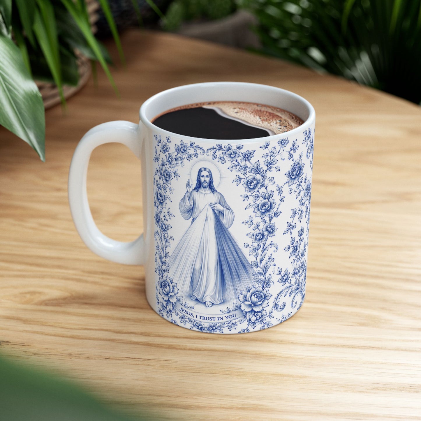 Divine Mercy Catholic Mug – Blue Toile Design (11oz & 15oz)